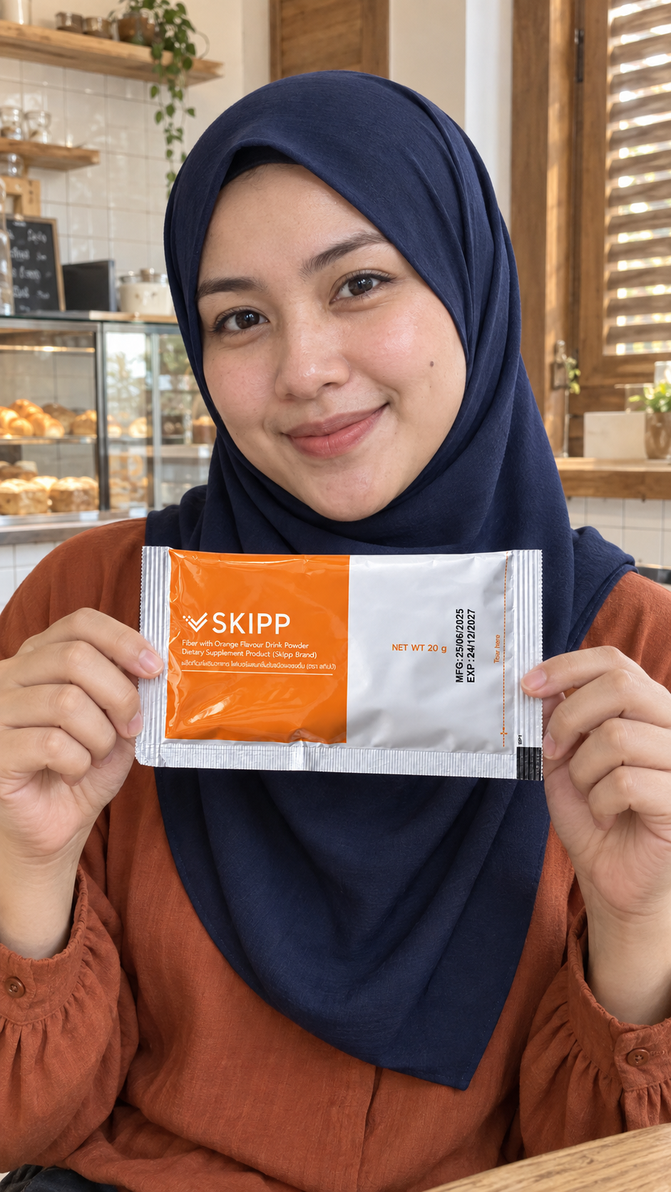 ตัวละครมุสลิมสมมติที่สร้างด้วย AI ถือซอง SKIPP Fiber