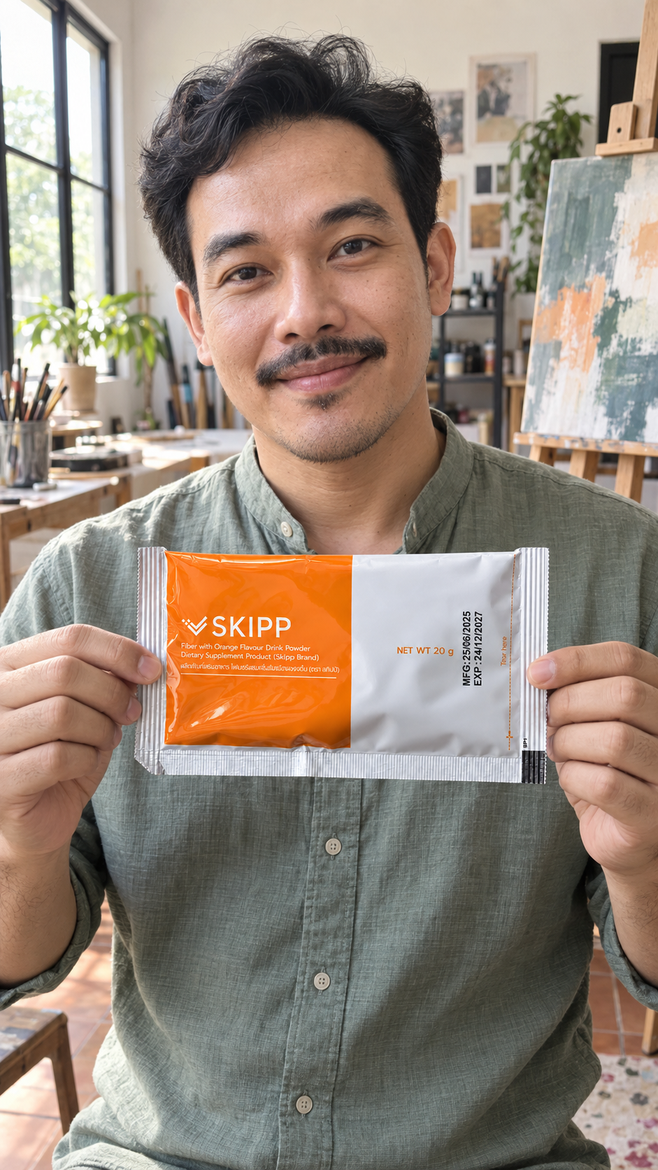 ตัวละครมุสลิมสมมติที่สร้างด้วย AI ถือซอง SKIPP Fiber