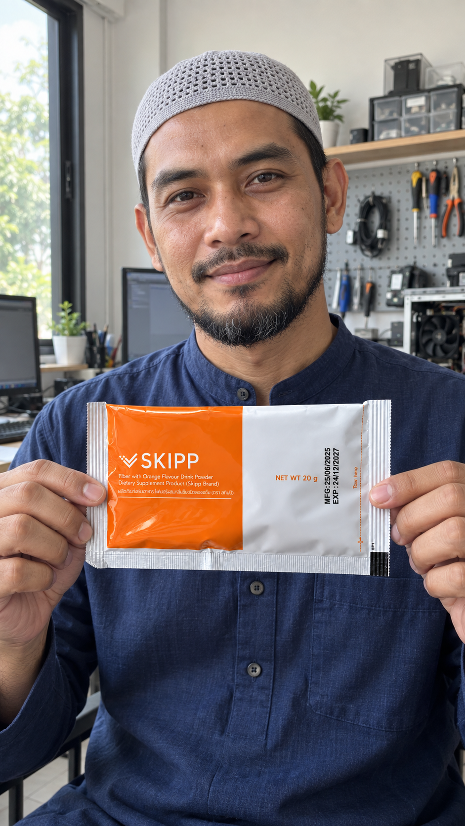 ตัวละครมุสลิมสมมติที่สร้างด้วย AI ถือซอง SKIPP Fiber