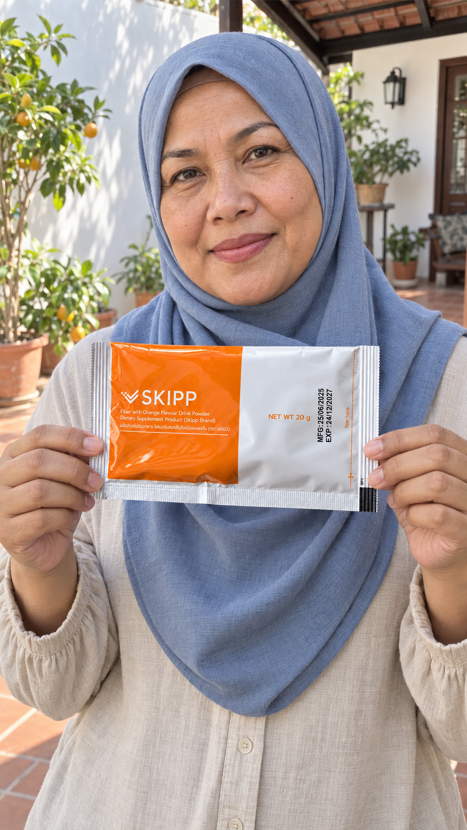 ตัวละครมุสลิมสมมติที่สร้างด้วย AI ถือซอง SKIPP Fiber