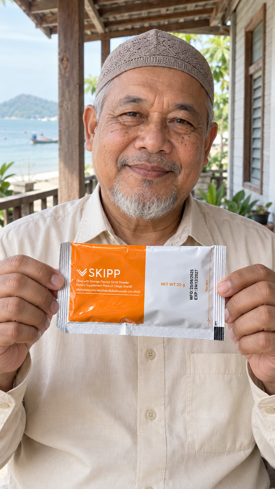 ตัวละครมุสลิมสมมติที่สร้างด้วย AI ถือซอง SKIPP Fiber